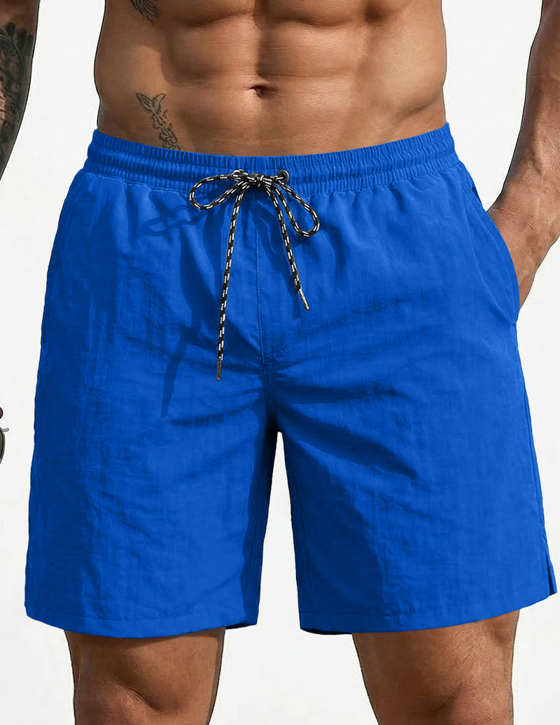 7-inch swim board shorts, bright blue, elastic waistband with drawstring.