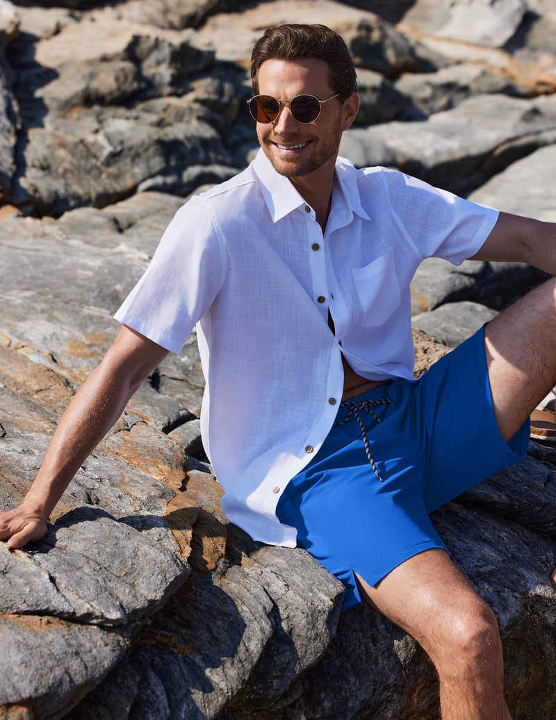 7-inch swim board shorts, royal blue, elastic waist with drawstring ties.