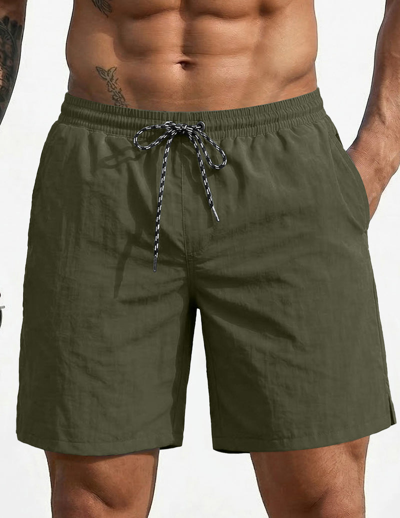 7-inch swim board shorts, moss green, elastic waistband with drawstring.