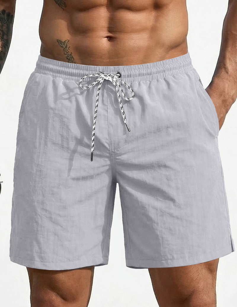 7-inch swim board shorts, light gray, elastic waistband with drawstring.