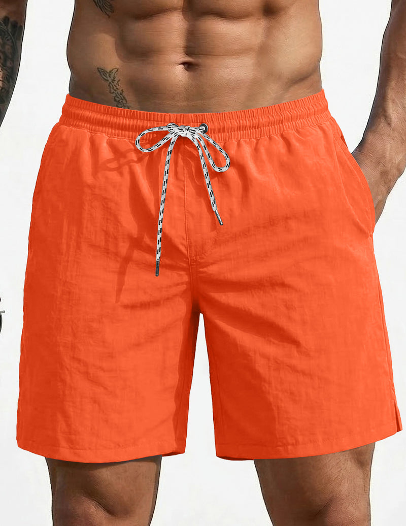 7-inch swim board shorts, orange, elastic waistband with drawstring.
