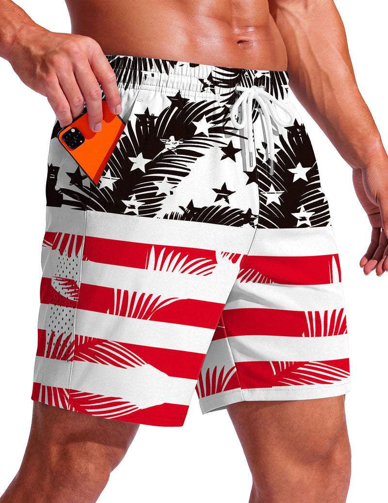 White, black, and red swim trunks with star-and-wave print, elastic waistband, drawstring