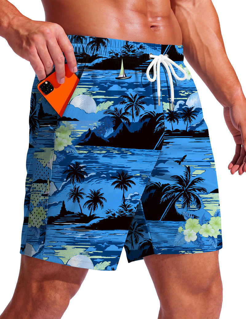 Men's swim trunks, 7-inch blue tropical print with palm trees, drawstring waist.