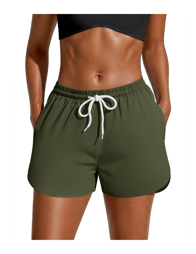 Olive green swim board shorts with white drawstring and elastic waist