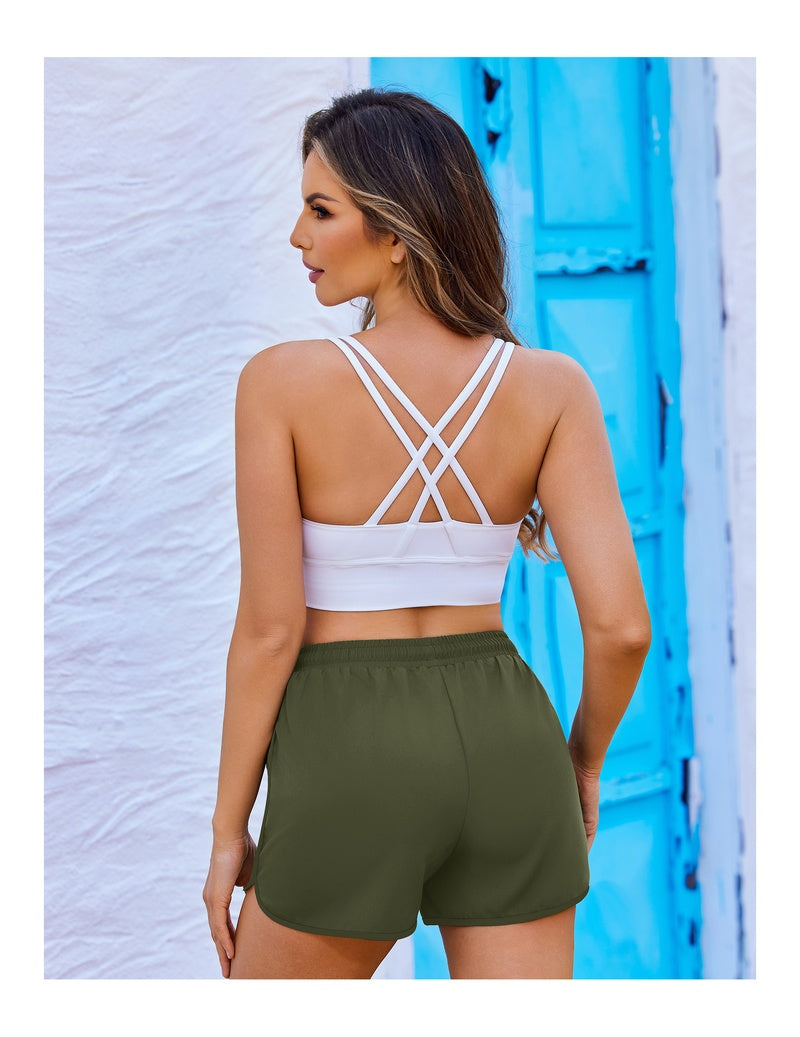 Olive green swim board shorts, back view, with white drawstring