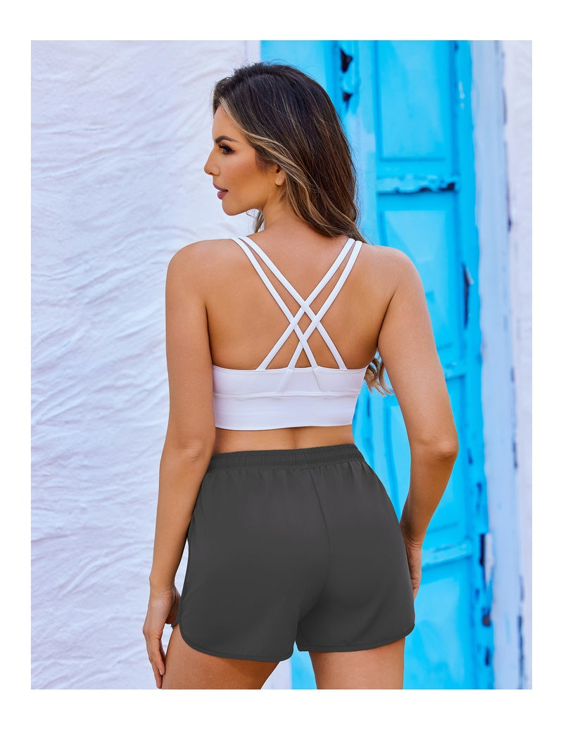 Charcoal swim board shorts with white drawstring, back view