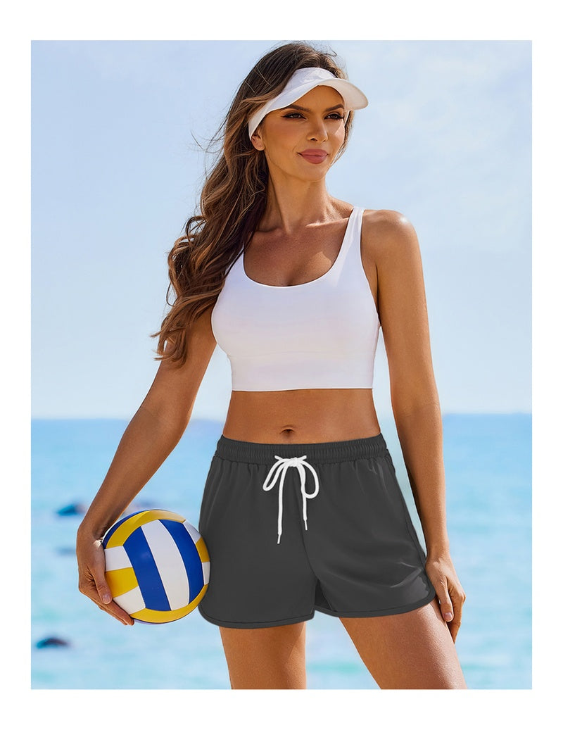 Charcoal swim board shorts with white drawstring and elastic waist