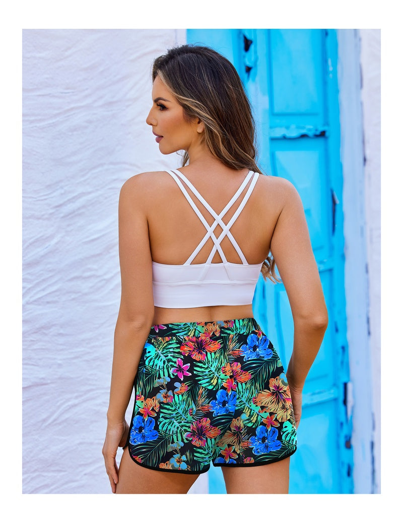 Floral swim board shorts with drawstring waist, back view