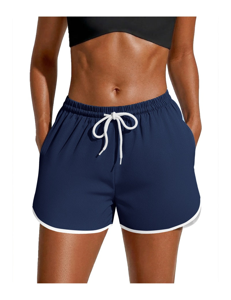 Navy swim board shorts with white drawstring and contrast hem trim