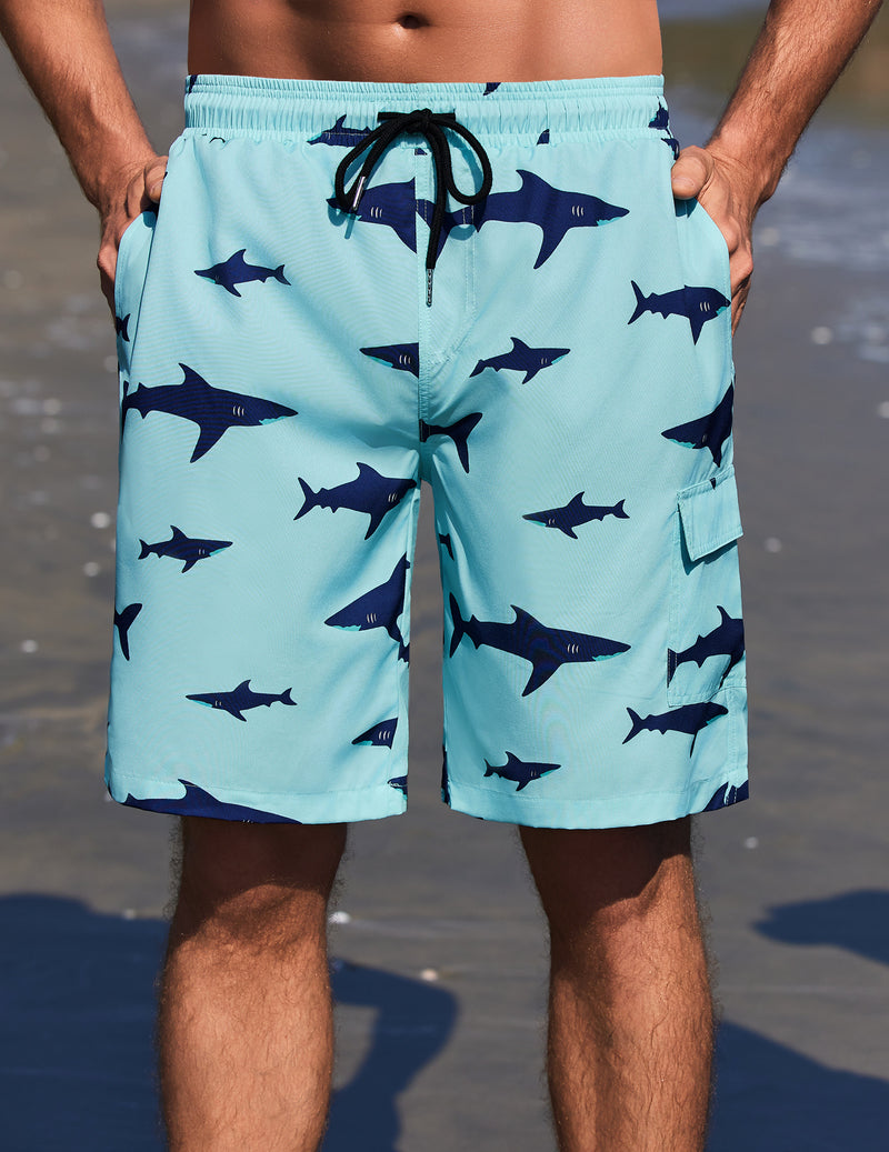 9-inch swim trunks with compression liner, light blue shark print with black drawstring