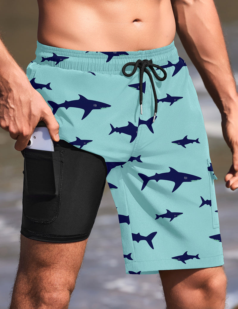 9-inch swim trunks with compression liner, teal shark print with black drawstring