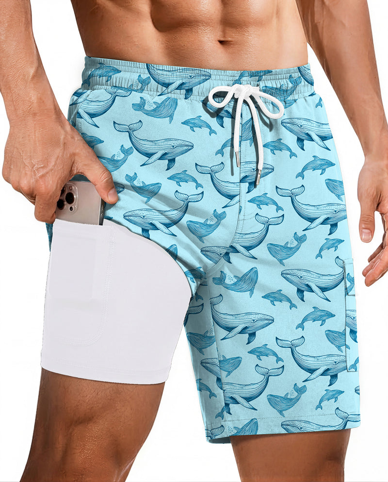 Men's swim trunks with compression liner, light blue with dolphin print and black liner