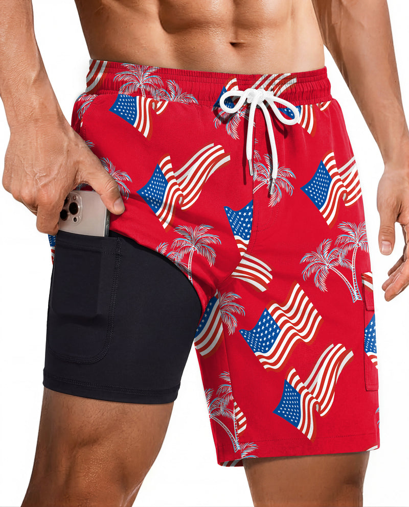 Men's swim trunks with compression liner, red with nautical flag print and black liner