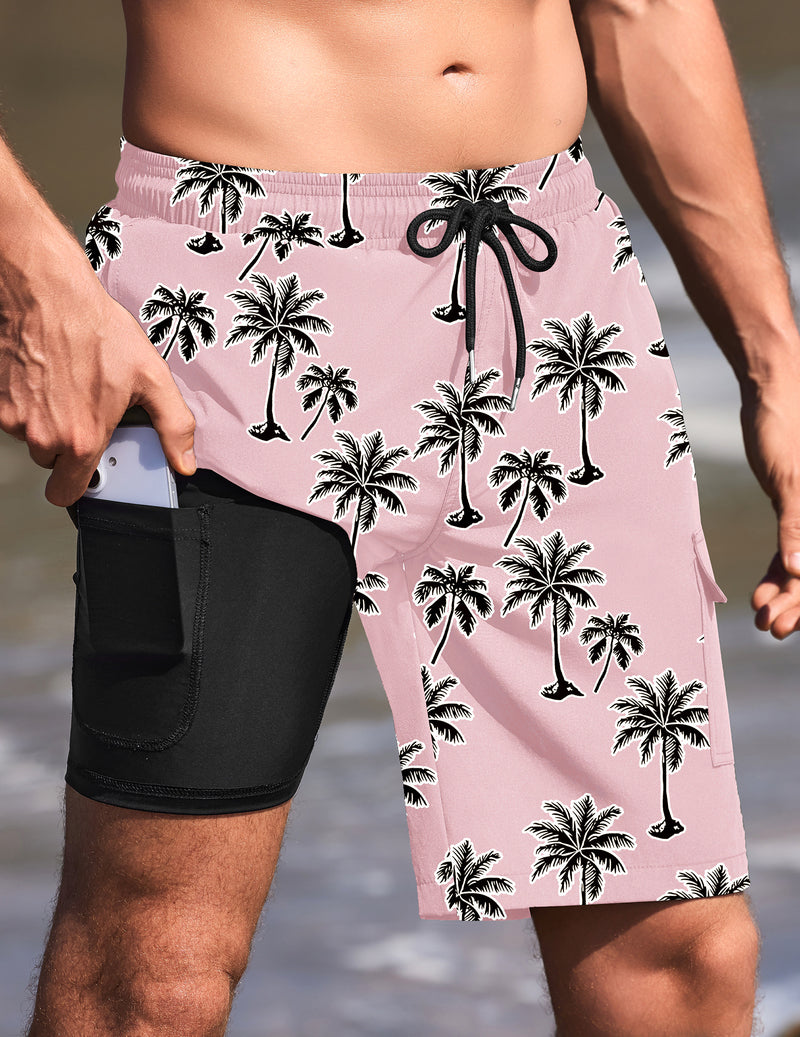 Men's swim trunks with compression liner, pale pink with palm tree print and black liner