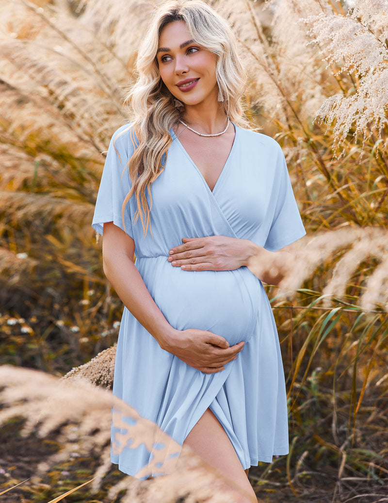 Light blue maternity nursing nightgown, short sleeves, V-neck, side slit, draped hem