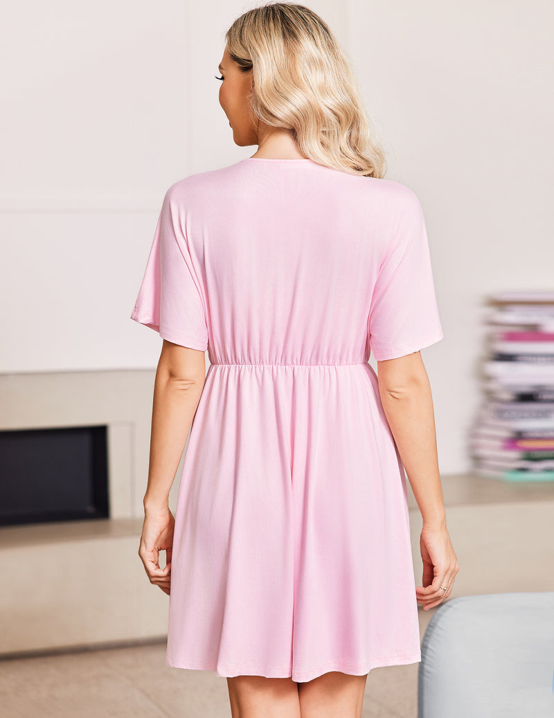Maternity nursing nightgown, light pink, gathered waist and short sleeves (back view)