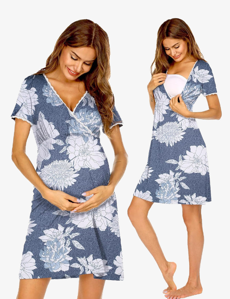 Nursing Nightgown Short Sleeve Maternity Breastfeeding Dress