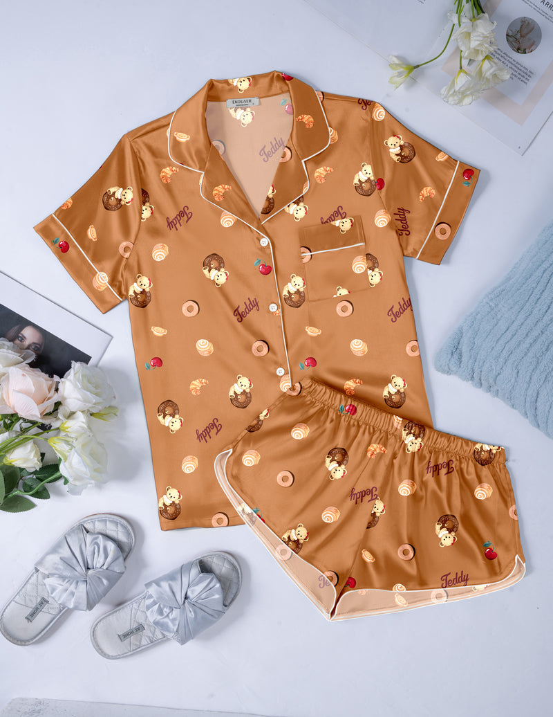 Ekouaer Teddy Tops with Shorts Satin Pajama Set (US Only)