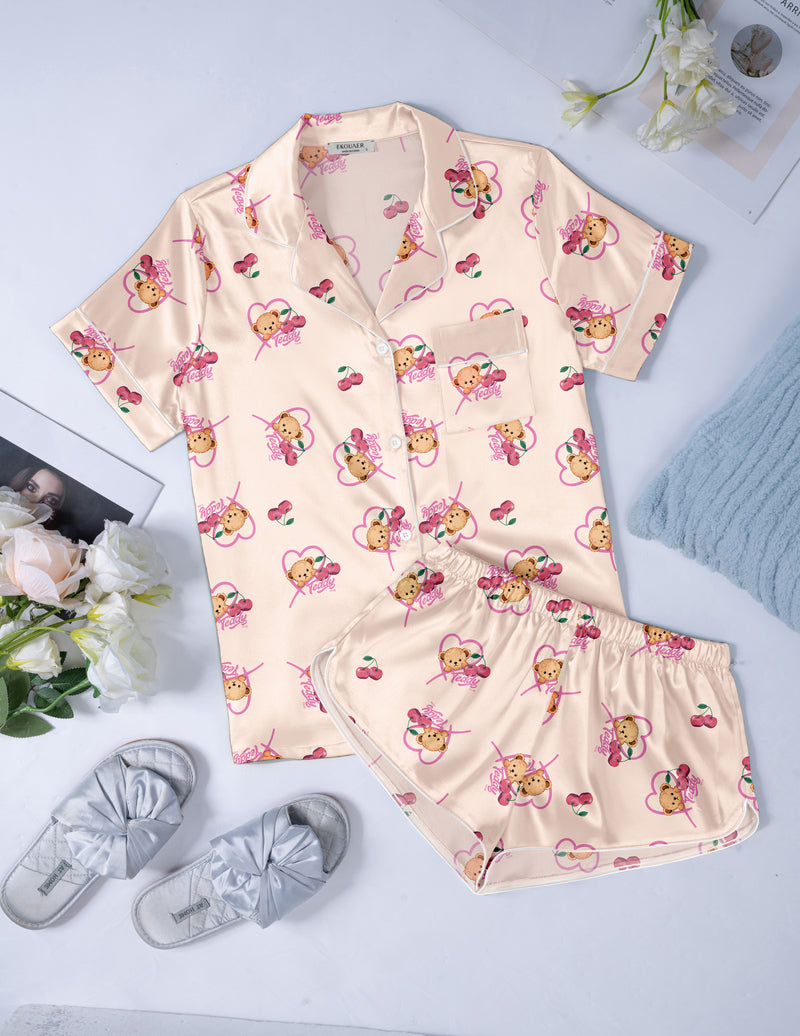 Ekouaer Teddy Tops with Shorts Satin Pajama Set (US Only)