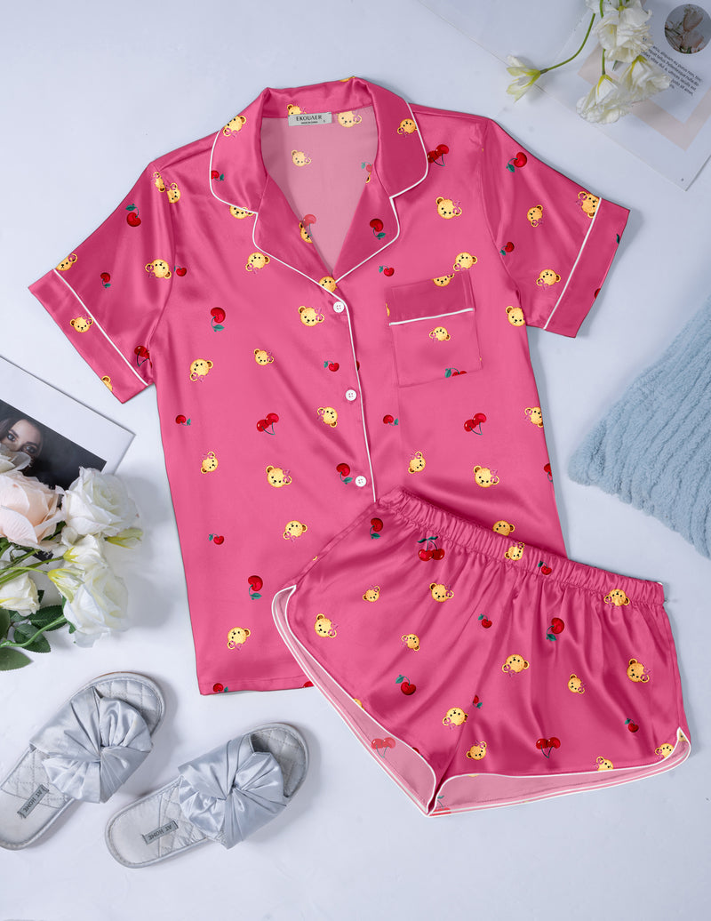 Ekouaer Teddy Tops with Shorts Satin Pajama Set (US Only)
