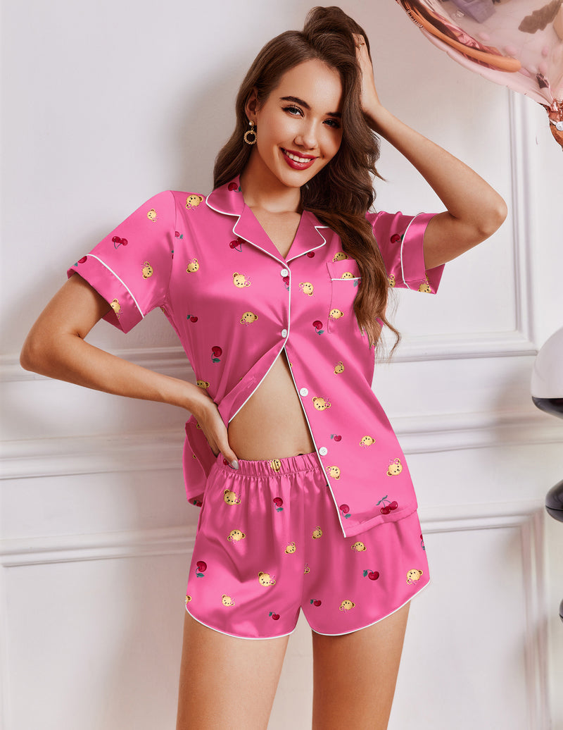 Ekouaer Teddy Tops with Shorts Satin Pajama Set (US Only)
