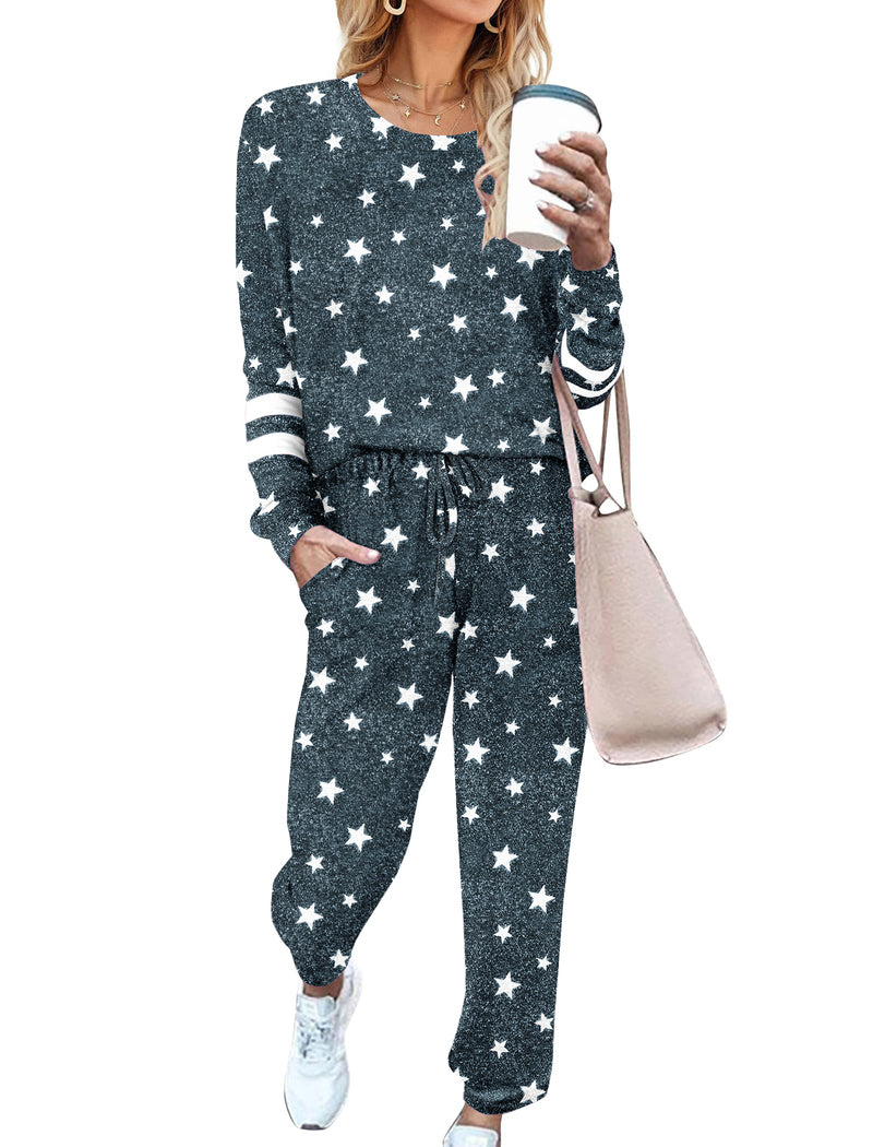 Print Tracksuit Long Sleeve Pajamas Set with Pockets