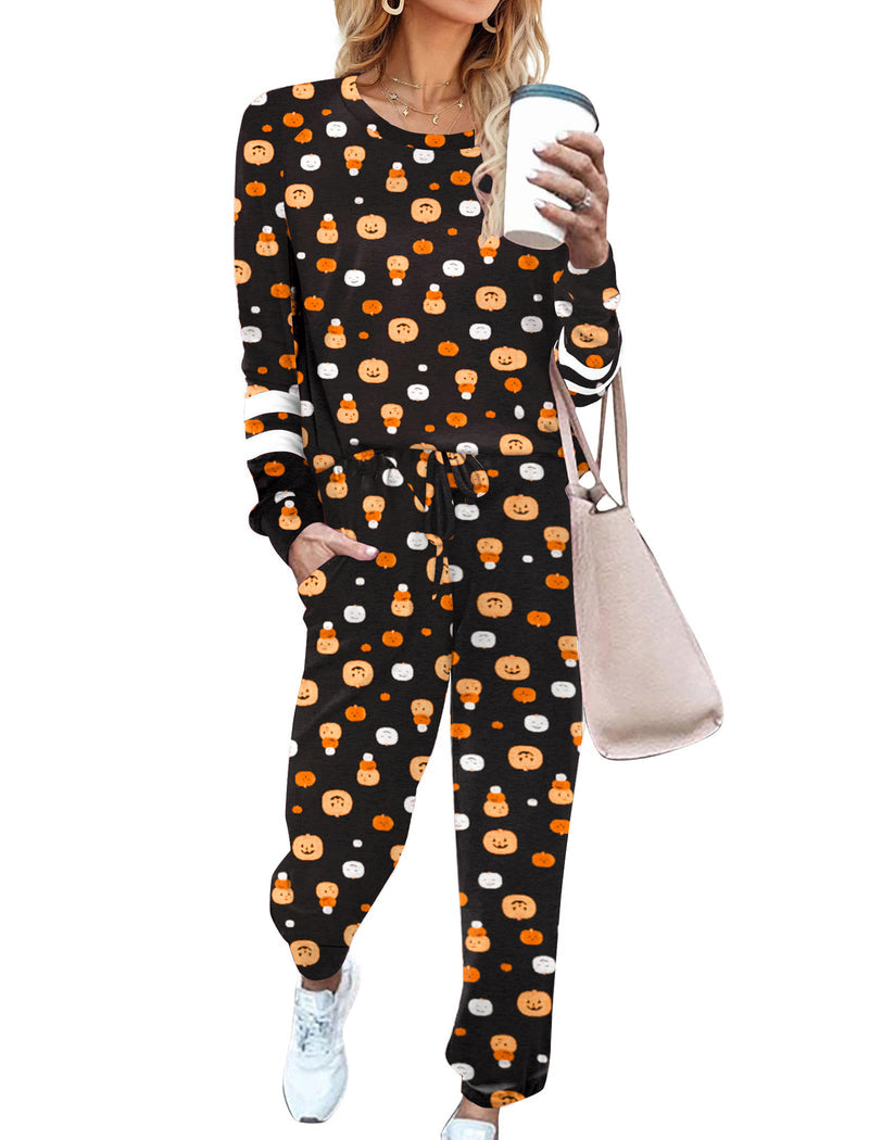 Print Tracksuit Long Sleeve Pajamas Set with Pockets