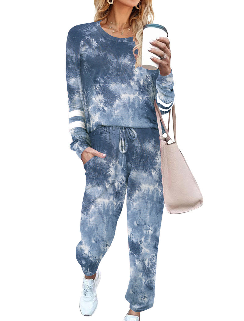 Print Tracksuit Long Sleeve Pajamas Set with Pockets