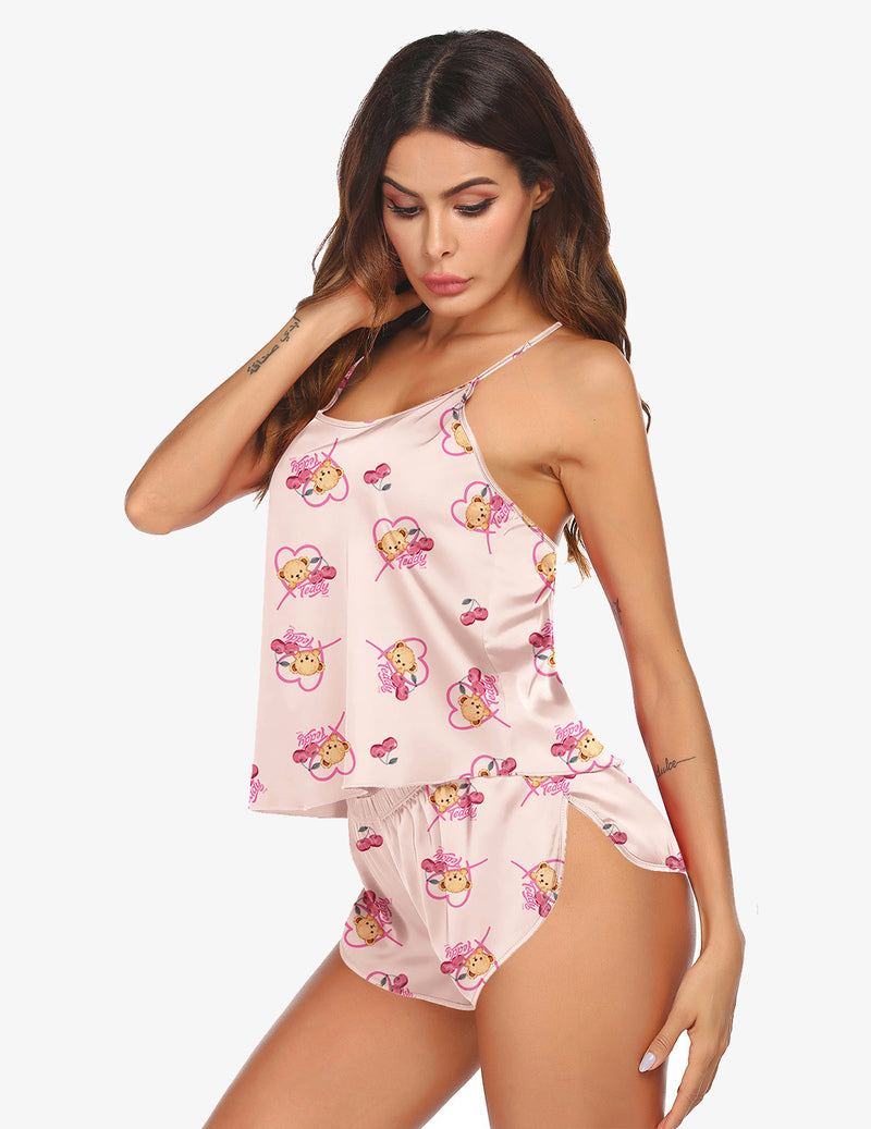 Teddy Teddy Satin Sleeveless Camis Top Shorts Set (US Only)