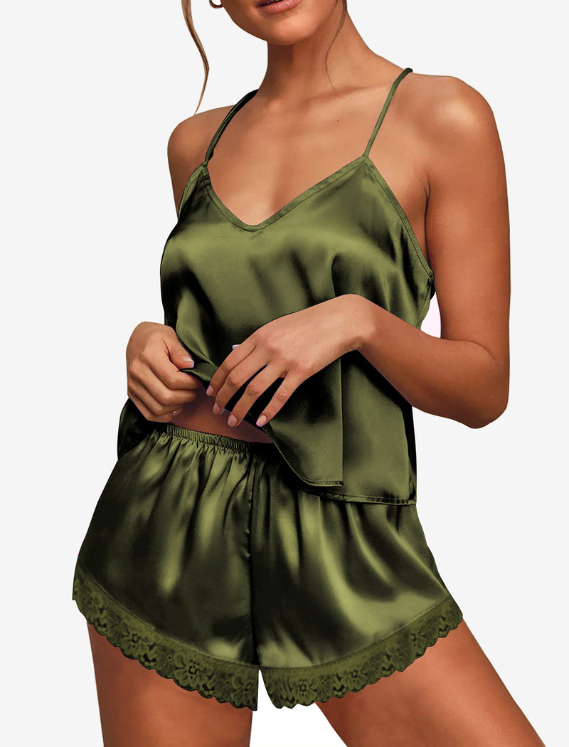 Satin Pajamas Lace Cami Shorts Set