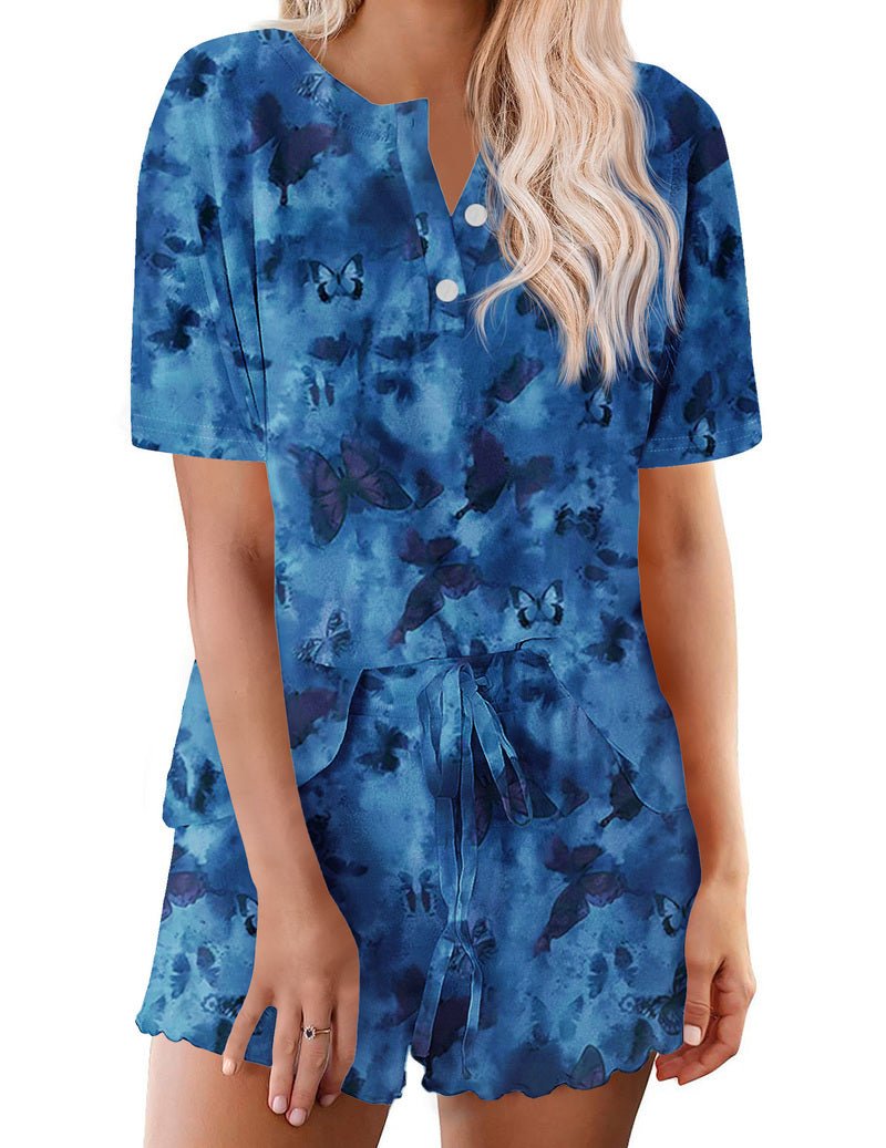 Batik Schlafanzug-Set in Blau mit V-Ausschnitt, Knöpfen am Oberteil und Shorts