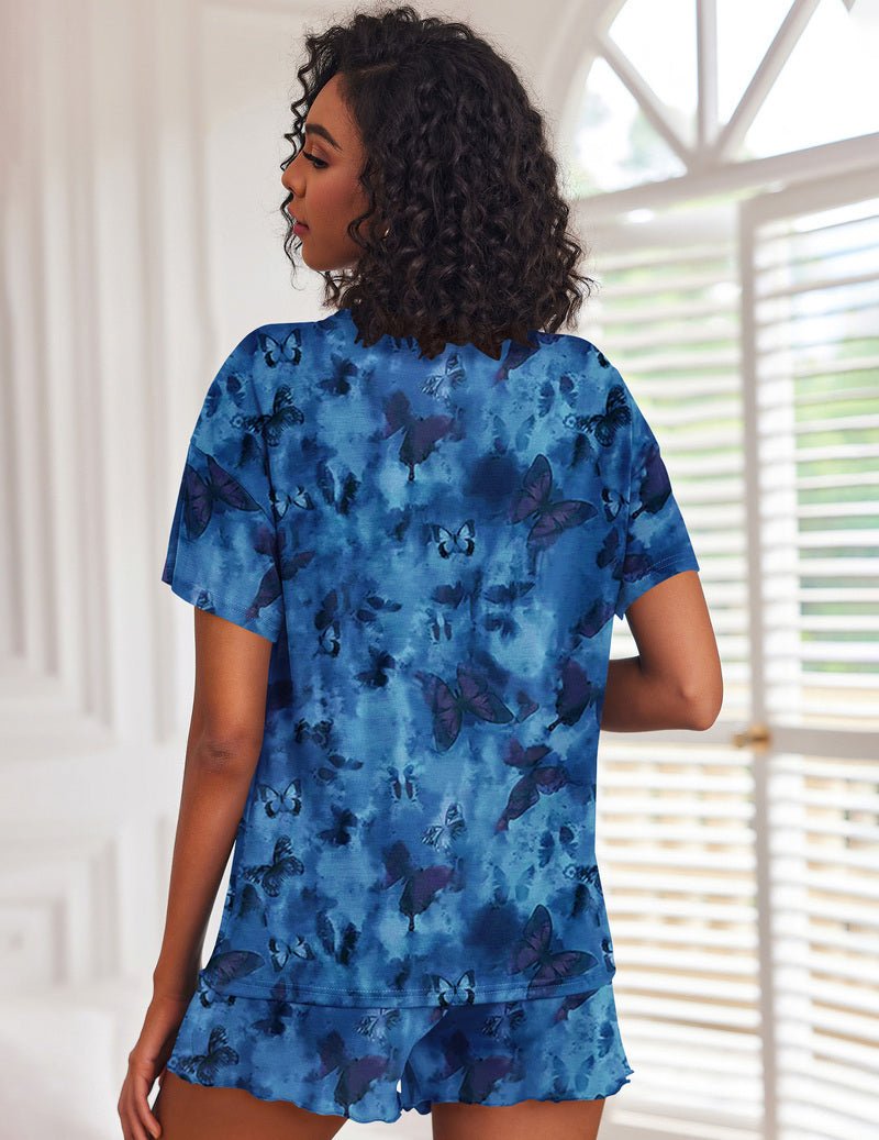 Blaues Batik-Schlafanzug-Set: Kurzarmoberteil mit Flügelprint und Shorts