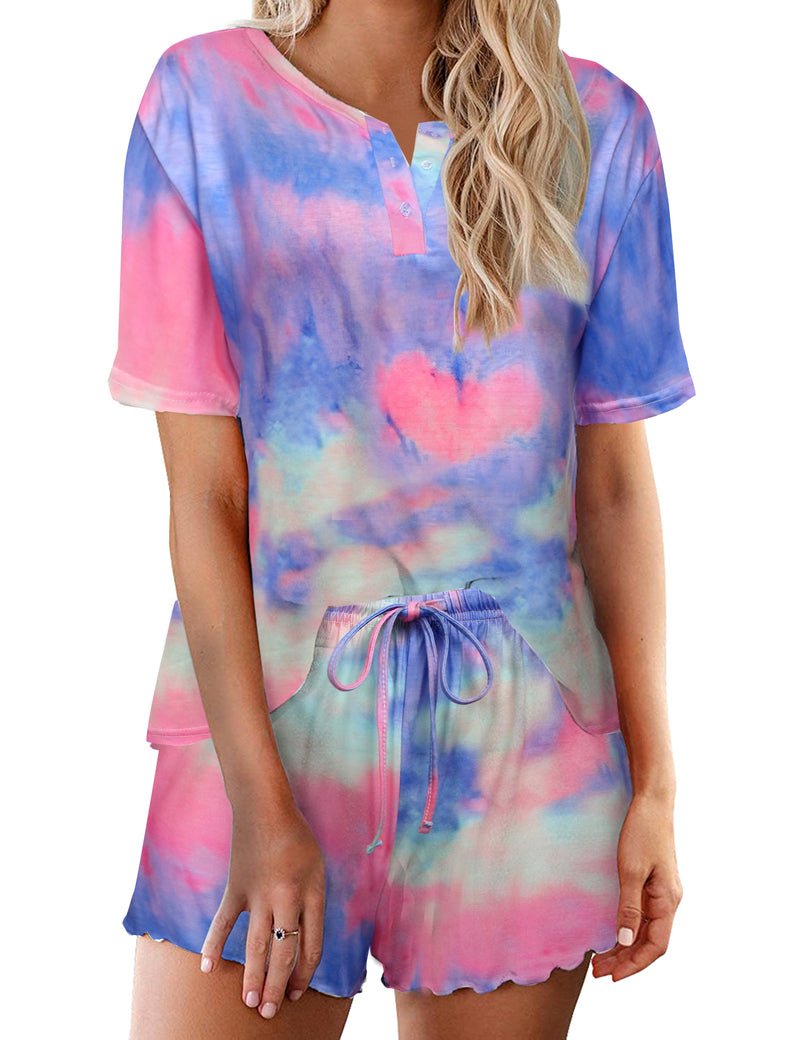 Damen Pyjama-Set Kurzarm mit Knopfleiste, Batik in Pink, Blau und Pastellgrün