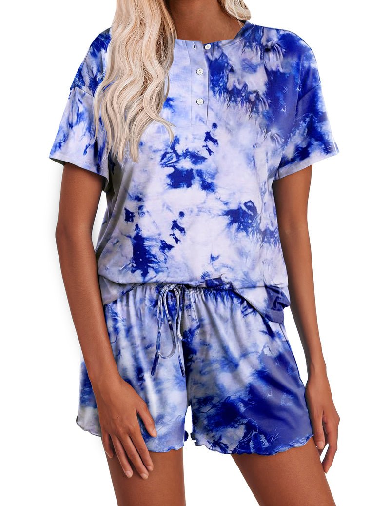 Damen Pyjama-Set Kurzarm mit Knopfleiste, blaues Batikmuster mit Kordelshorts