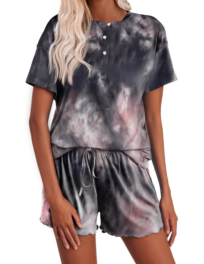 Damen Pyjama-Set Kurzarm mit Knopfleiste, dunkles Batik in Grau-Schwarz