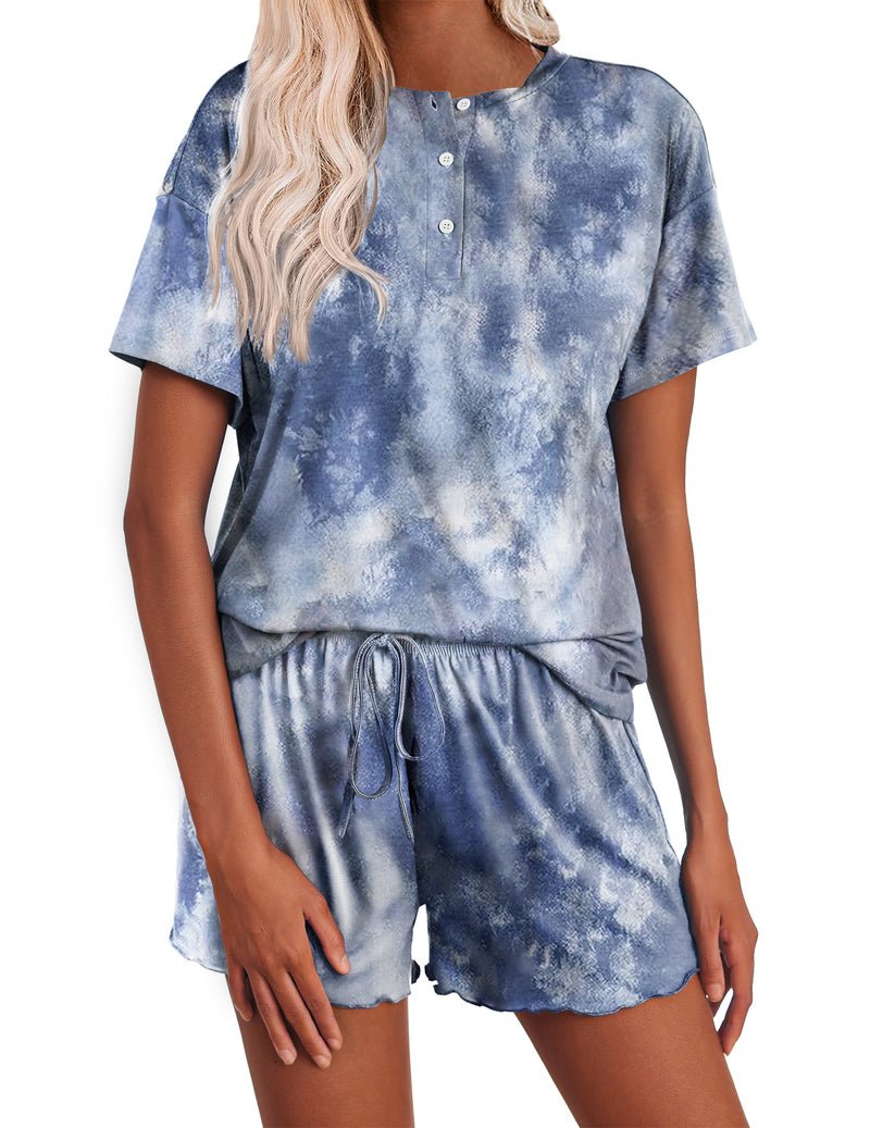 Navy blue tie-dye short-sleeve henley pajama shirt with matching drawstring shorts