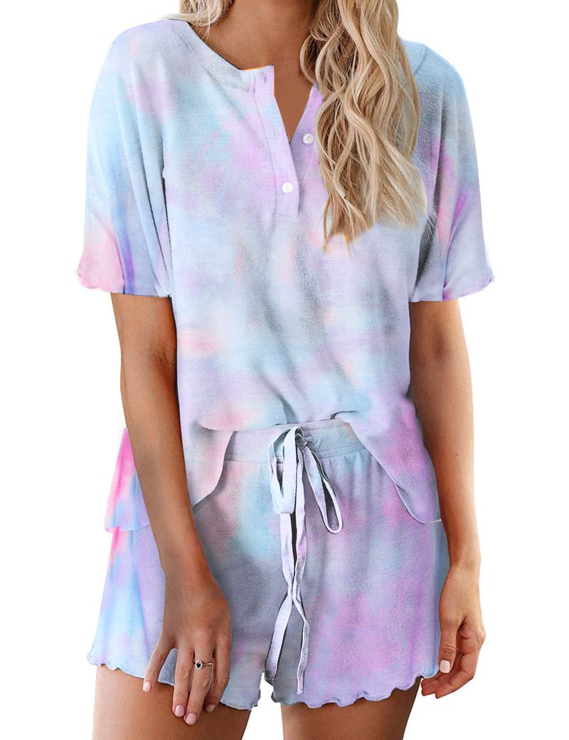 Pastellfarbenes Batik Schlafanzug-Set mit Kurzarmoberteil und Shorts mit Bindeband