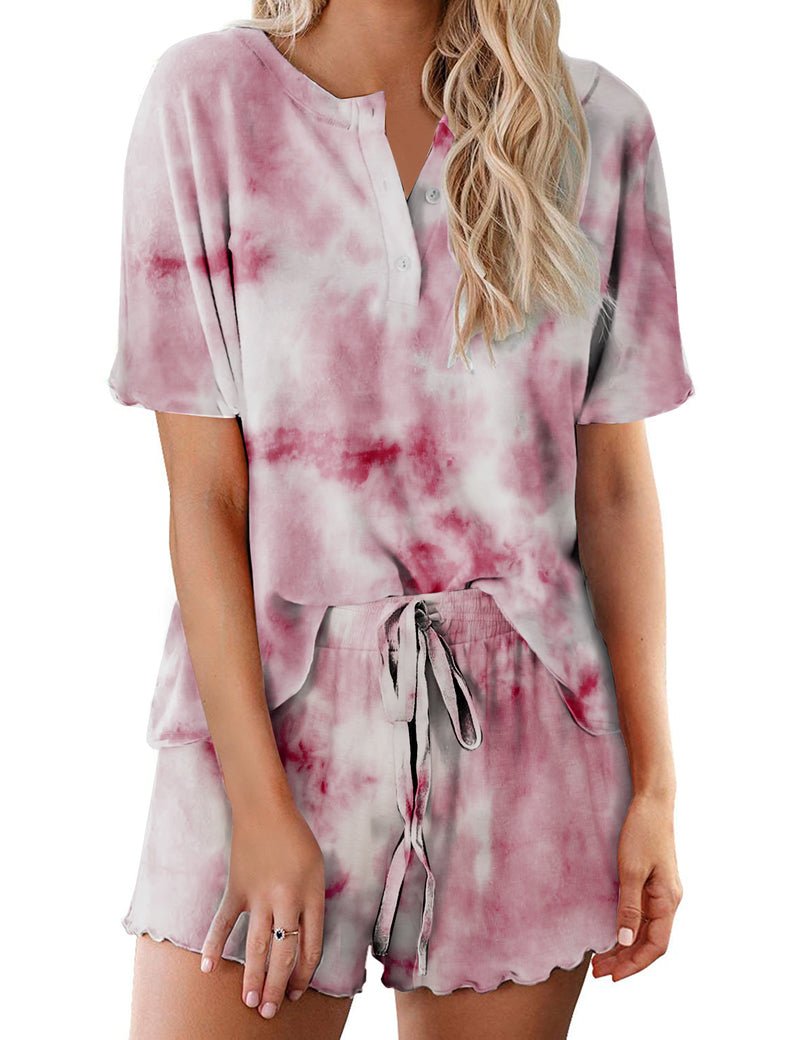 Damen Pyjama-Set Kurzarm mit Knopfleiste, Batik in Rosa und Beere mit Shorts