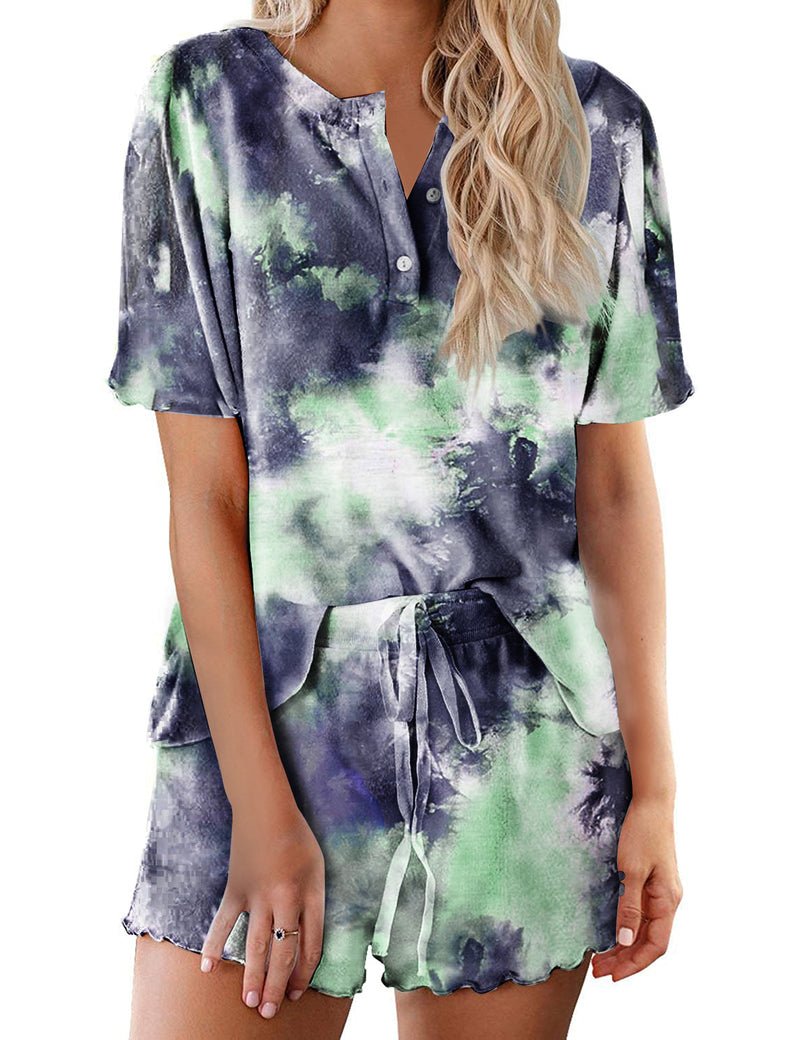 Damen Pyjama-Set Kurzarm mit Knopfleiste, dunkel mit grünem Batikverlauf