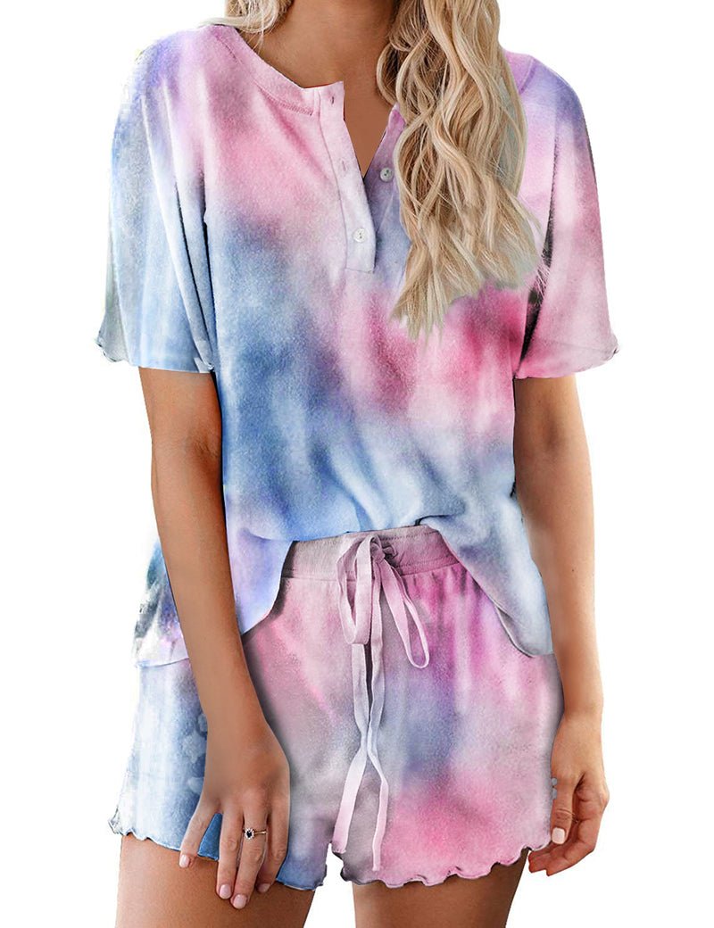 Damen Pyjama-Set Kurzarm mit Knopfleiste, Batik in Lila, Blau und Rosa