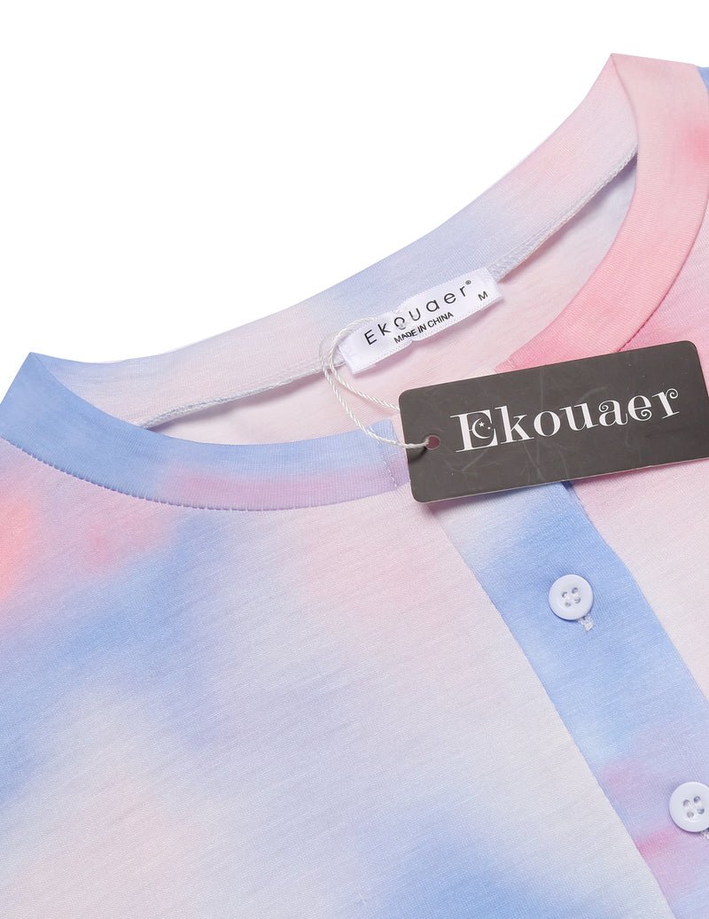 Tie-dye pajama neckline with button placket and Ekouaer tag, pastel blue and pink