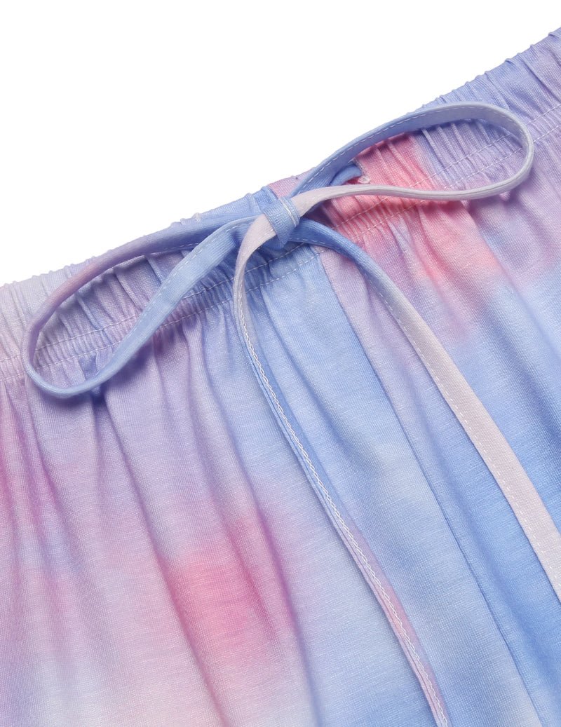Drawstring waist and ruffled shorts of pastel tie-dye pajama set in blue and pink