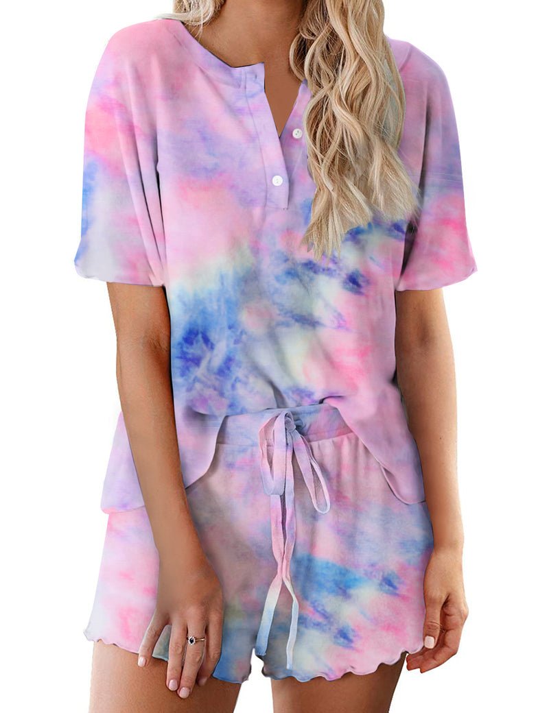 Ekouaer Damen Pyjama-Set mit Kurzarm, Batikmuster in Pink, Blau und Lila