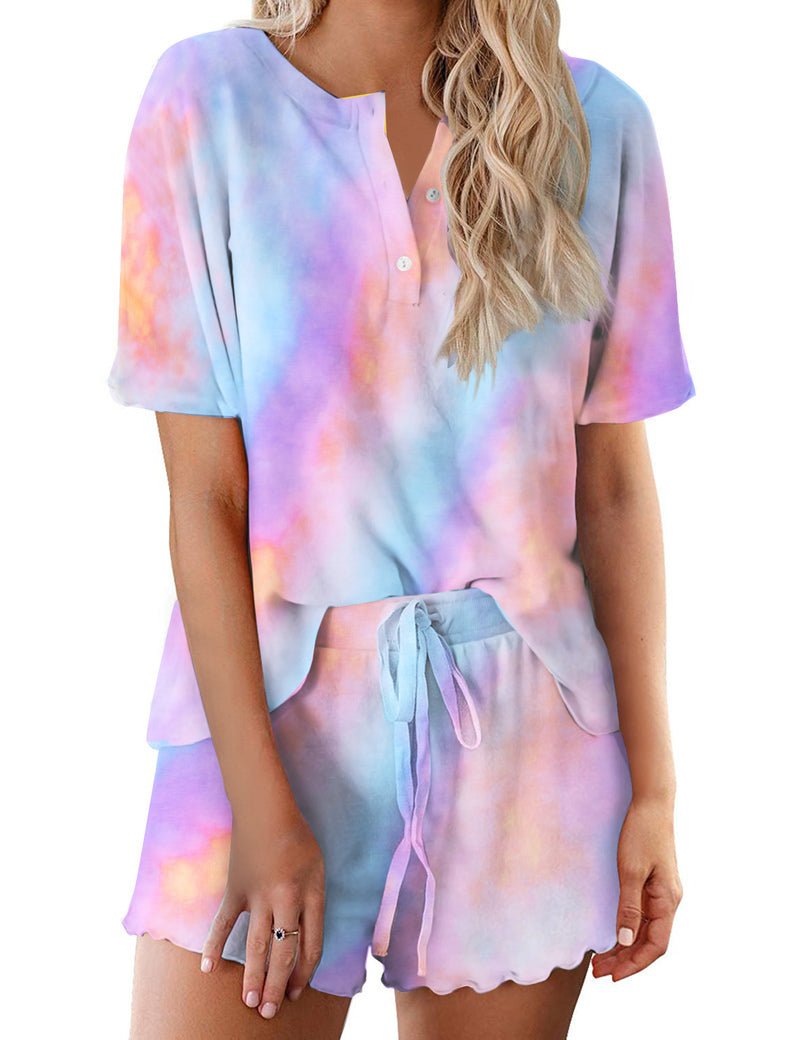 Women's short-sleeve pajama set in pastel tie-dye, button henley top and drawstring shorts