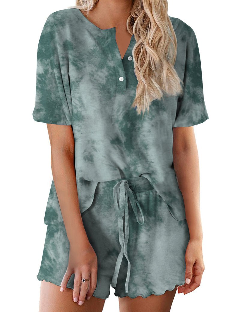 Dunkelgrünes Batik Schlafanzug-Set mit Kurzarmoberteil und Shorts mit Kordelzug