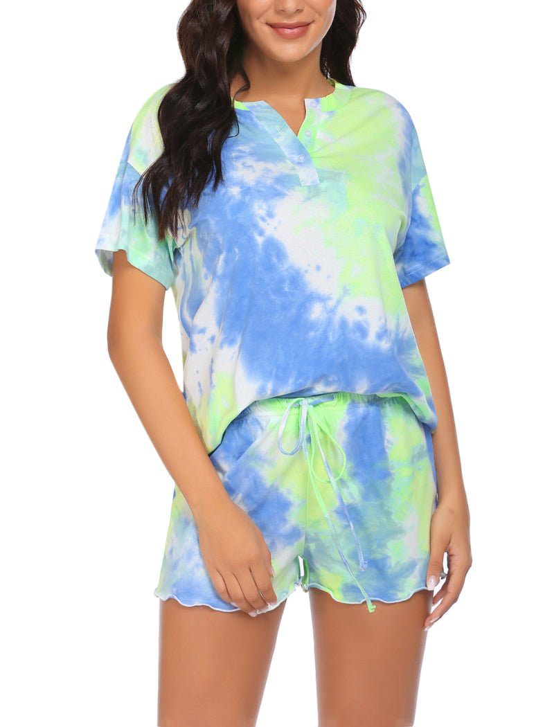 Damen Pyjama-Set Kurzarm mit Knopfleiste, Batik in Hellblau und Gelbgrün