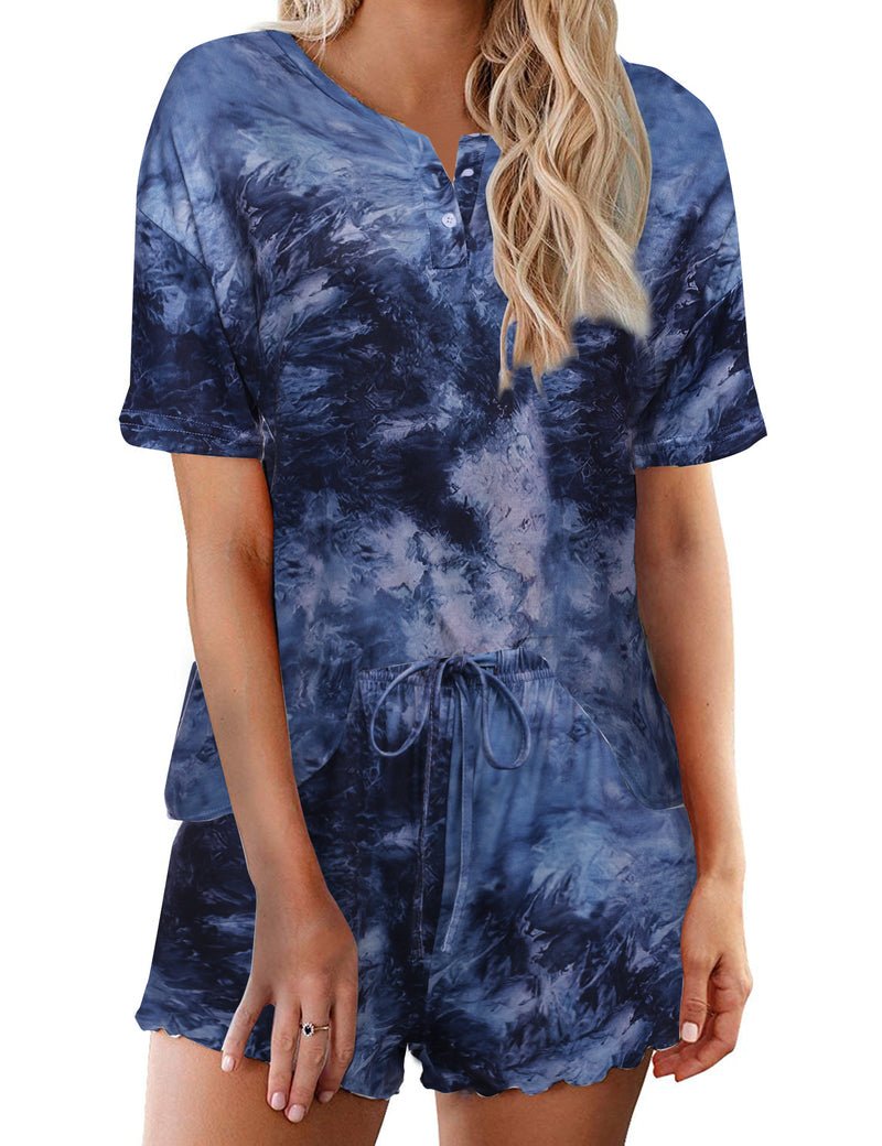 Damen Pyjama-Set Kurzarm mit Knopfleiste, blaues Batikmuster mit Kordelshorts