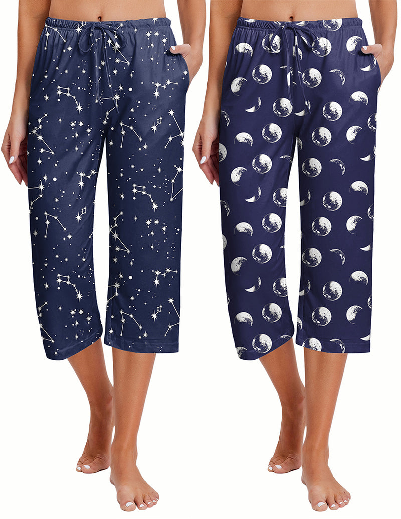 Navy drawstring capri pajama pants with star-and-moon print, relaxed fit