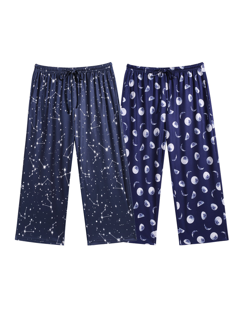 Navy printed drawstring capri pajama pants set with star and moon patterns