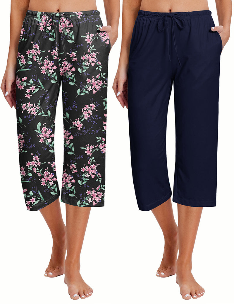 Black drawstring capri pajama pants with pink floral print, relaxed fit